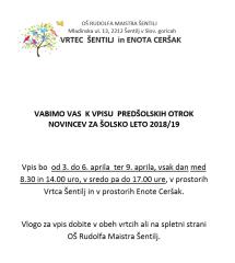 VPIS OTROK V VRTEC ZA ŠOLSKO LETO 2018-2019 – OŠ R. MAISTRA ŠENTILJ
